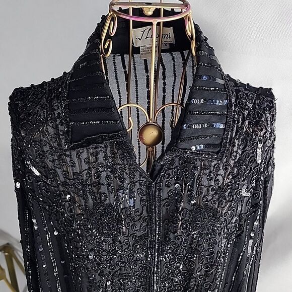 Long Black Beaded & Sequined Sheer Sparkly Holiday Snap Button Jacket Size1X - Picture 2 of 16